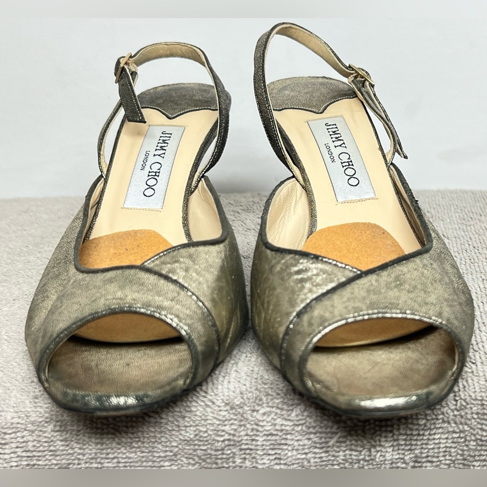 Jimmy Choo Metallic Peep-Toe Slingback Sandals Size 39.5 US 9.5 Made in Italy